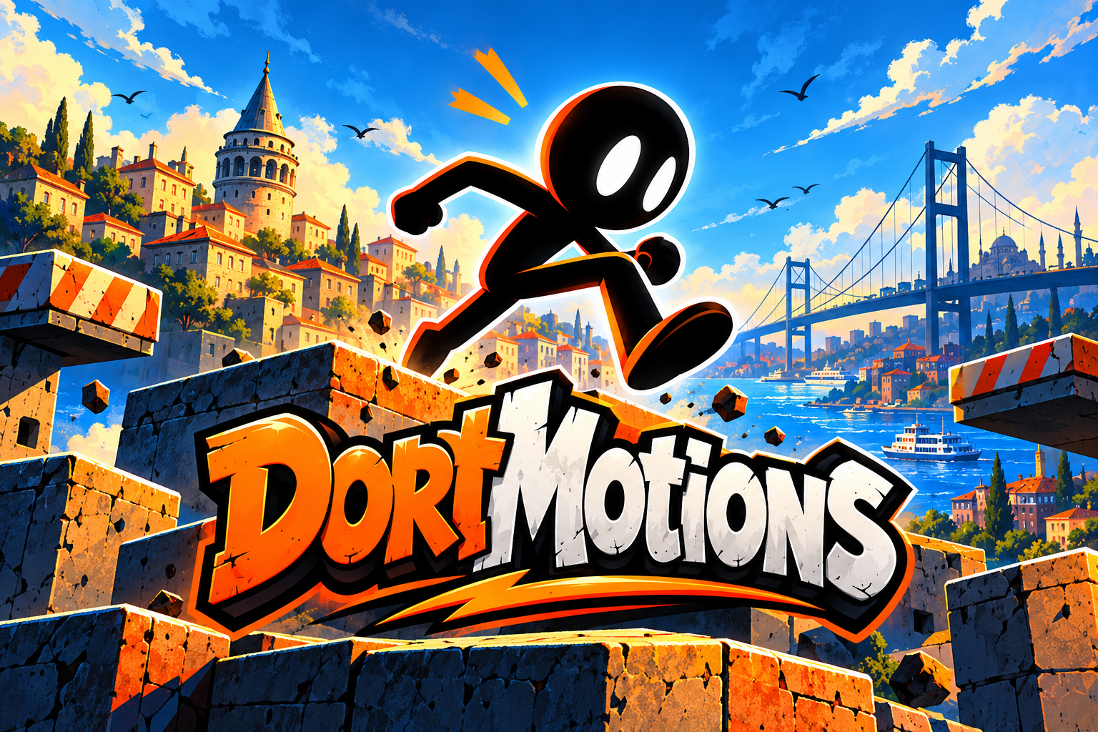 DortMotions: mavi ve kehribar renkli fonda blok platformlar arasında atlayan çöp adam ve kanal adı.