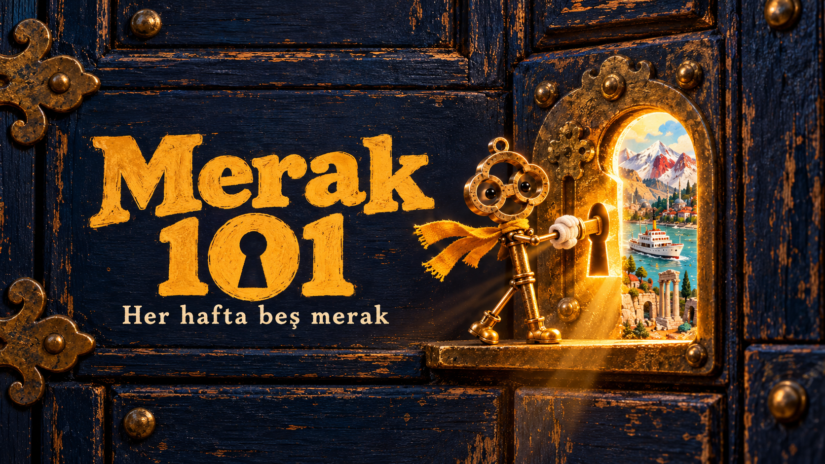 Merak 101: lacivert ahşap kapı, anahtar deliği ve Çıt.