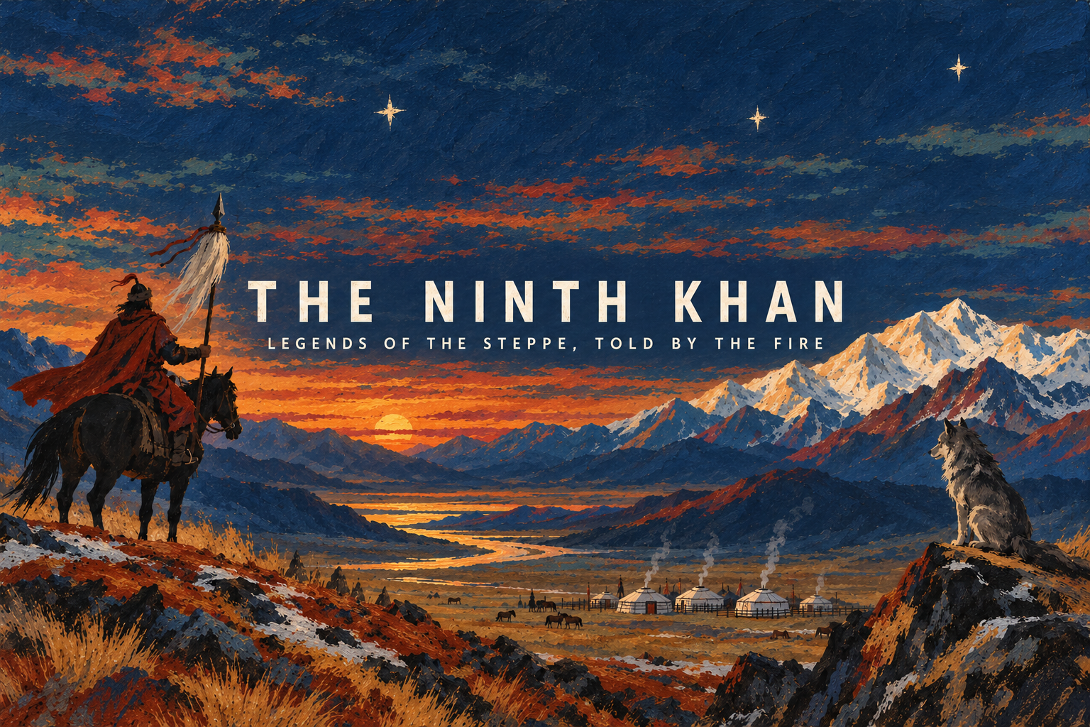 The Ninth Khan: guaj boyalı bozkır manzarası, tuğlu atlı ve kurt.