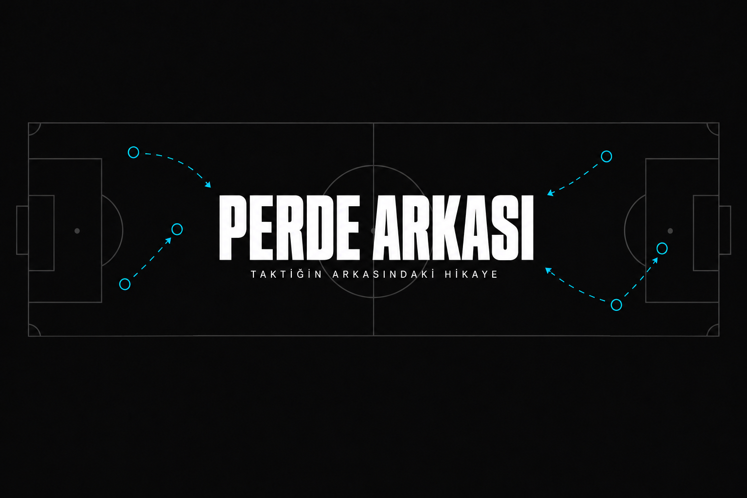 Perde Arkası’nın siyah zemin üzerinde futbol sahası ve turkuaz taktik okları bulunan kanal banner’ı.